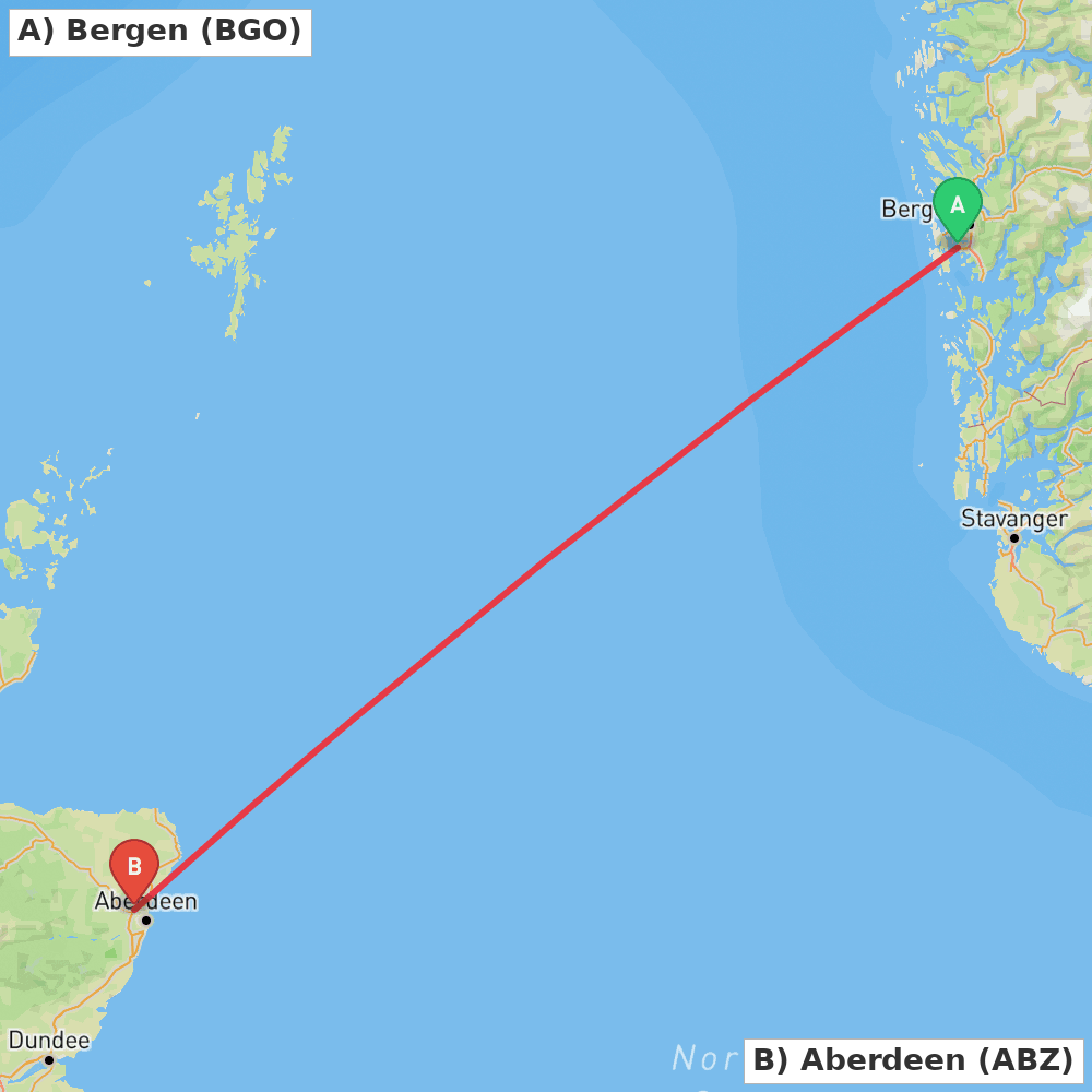 Flight route map from Bergen to Aberdeen