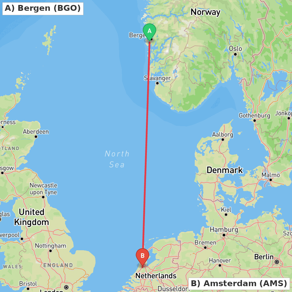 Flight route map from Bergen to Amsterdam