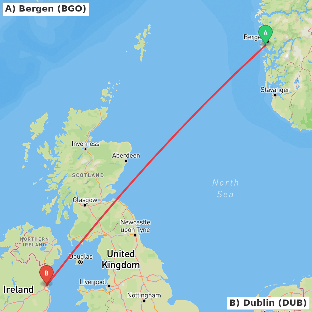 Flight route map from Bergen to Dublin