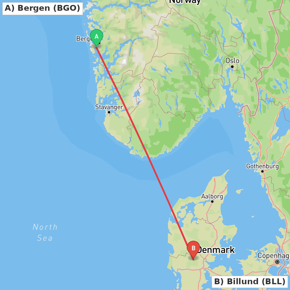 Flight route map from Bergen to Billund