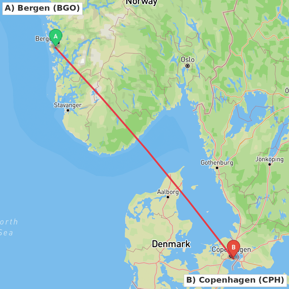 Flight route map from Bergen to Copenhagen