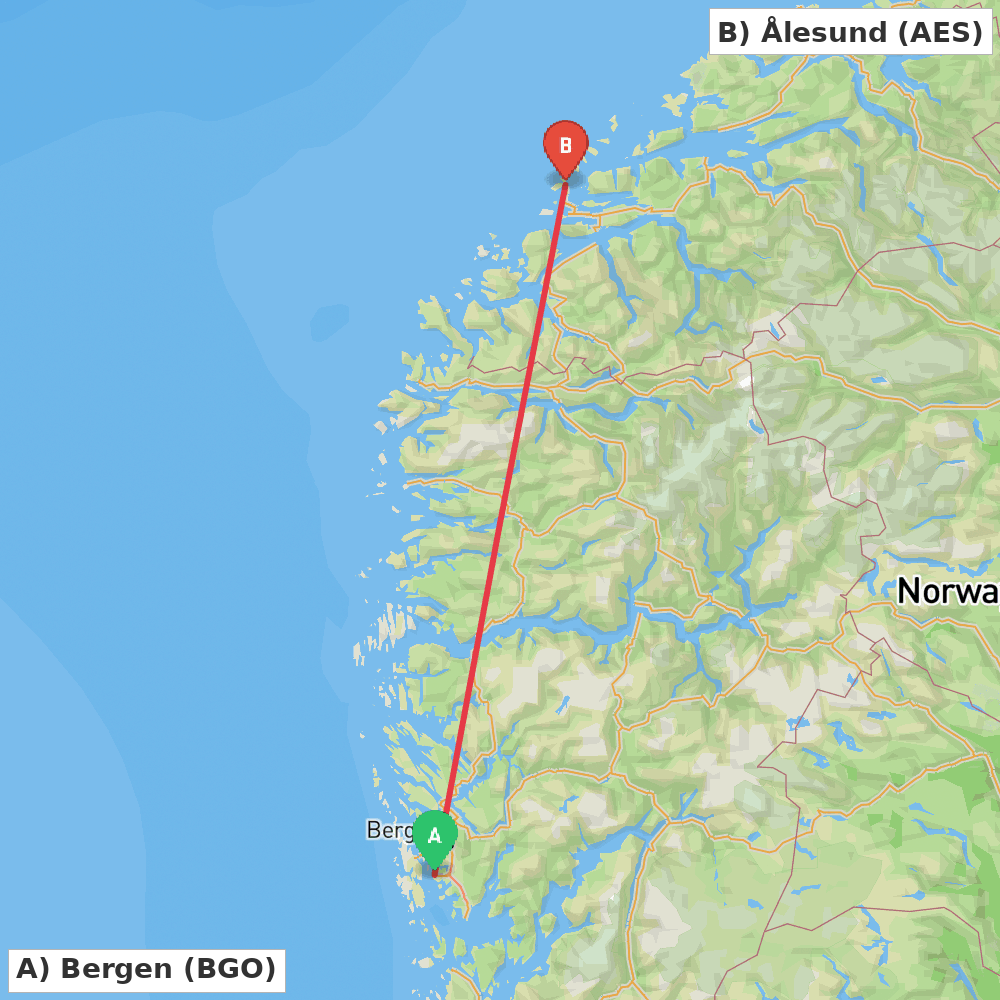 Flight route map from Bergen to Ålesund