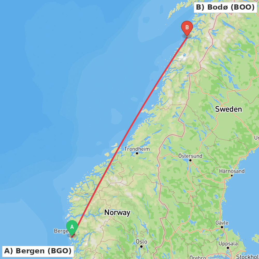 Flight route map from Bergen to Bodø