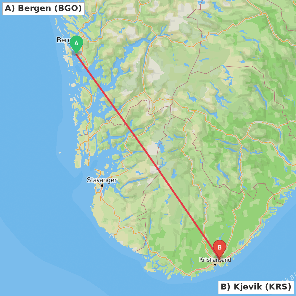 Flight route map from Bergen to Kjevik