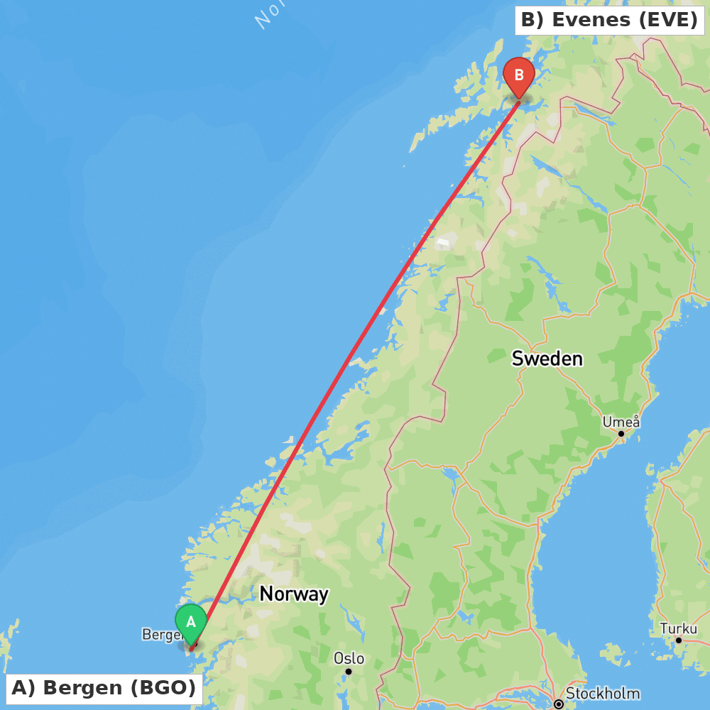 Flight route map from Bergen to Evenes