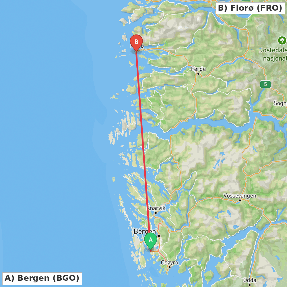 Flight route map from Bergen to Florø