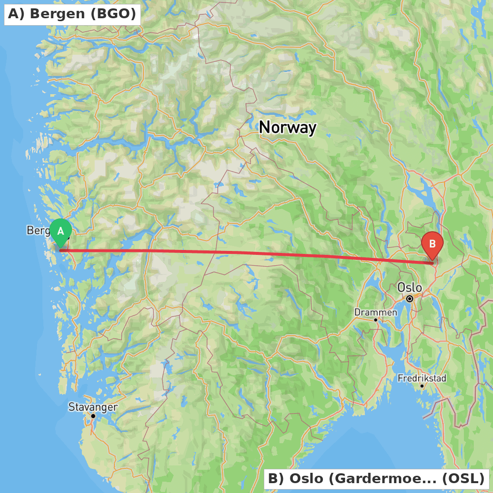 Flight route map from Bergen to Oslo (Gardermoen)