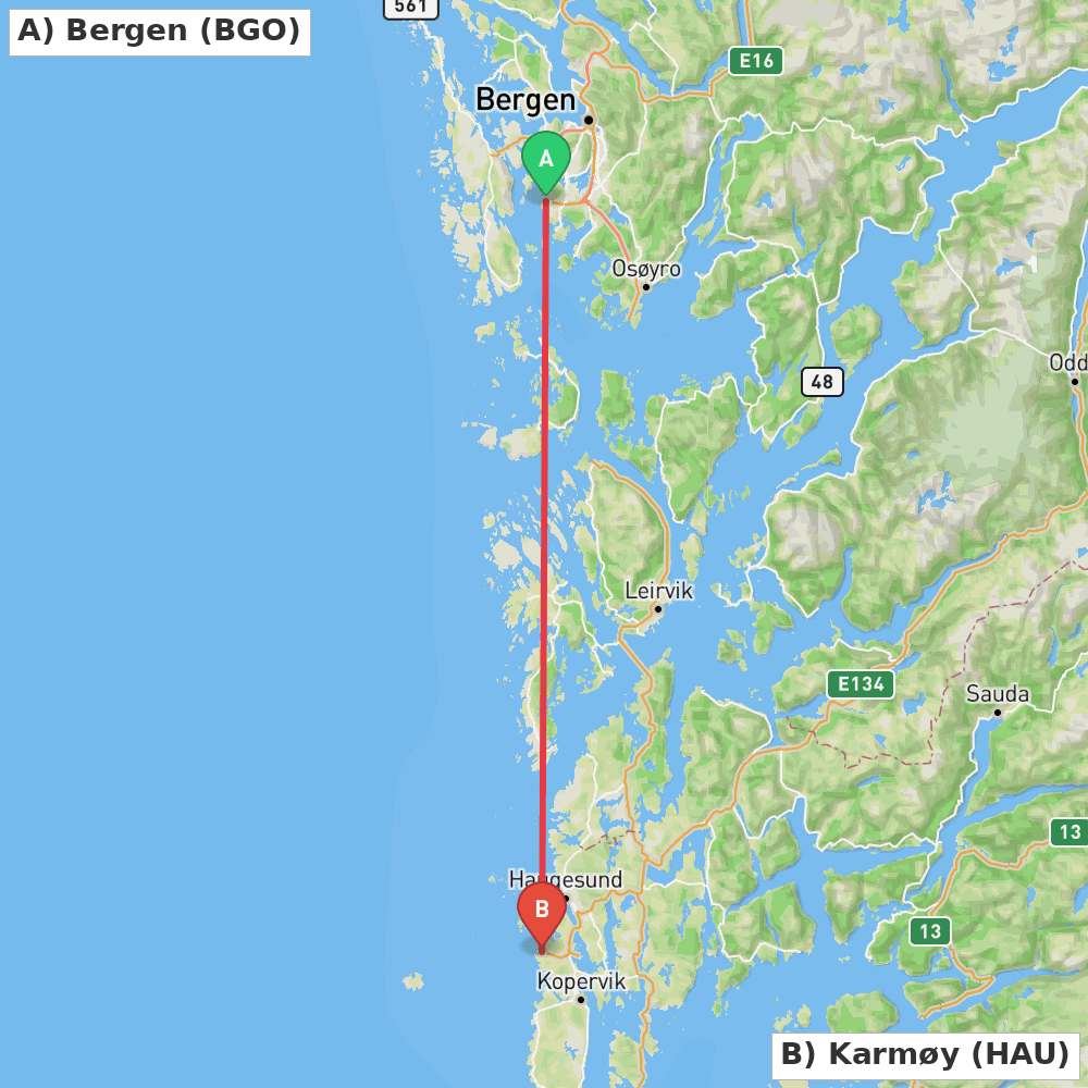 Flight route map from Bergen to Karmøy
