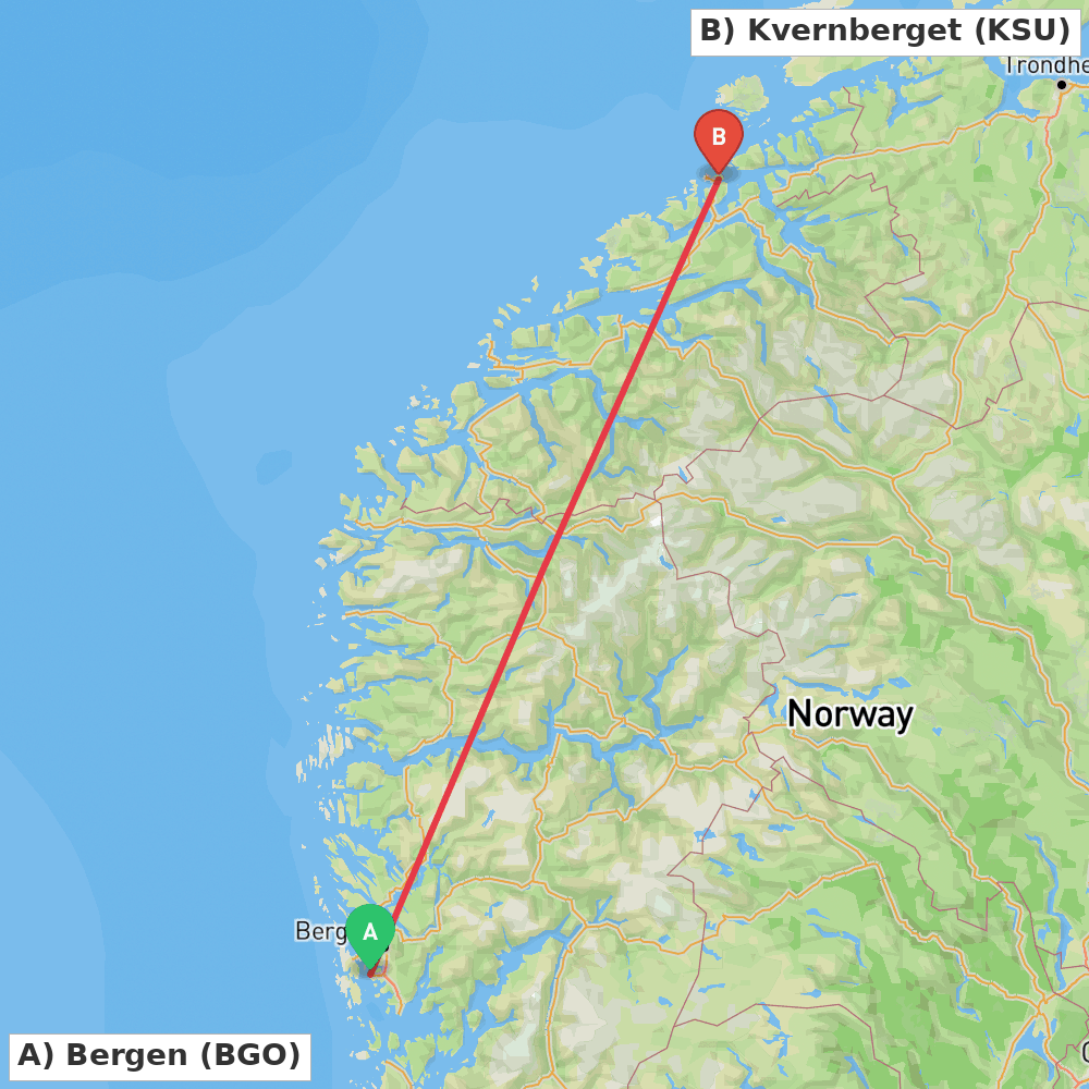Flight route map from Bergen to Kvernberget