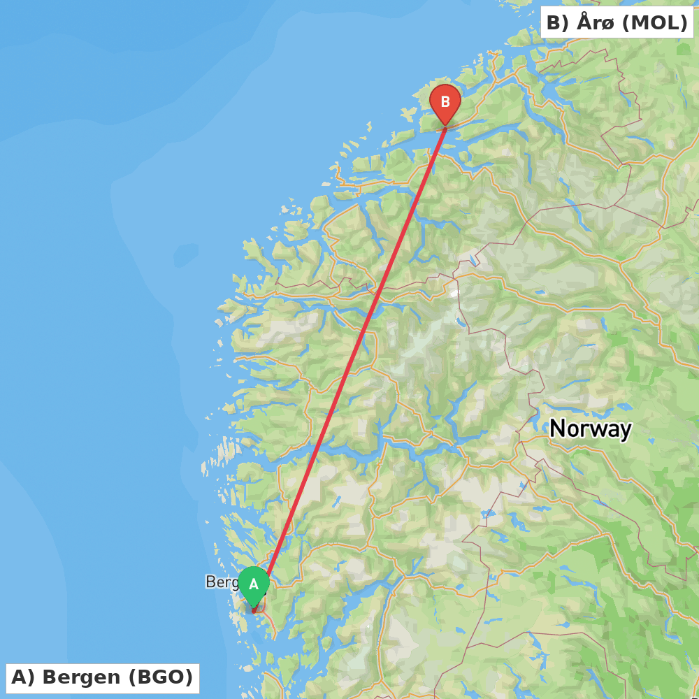 Flight route map from Bergen to Årø