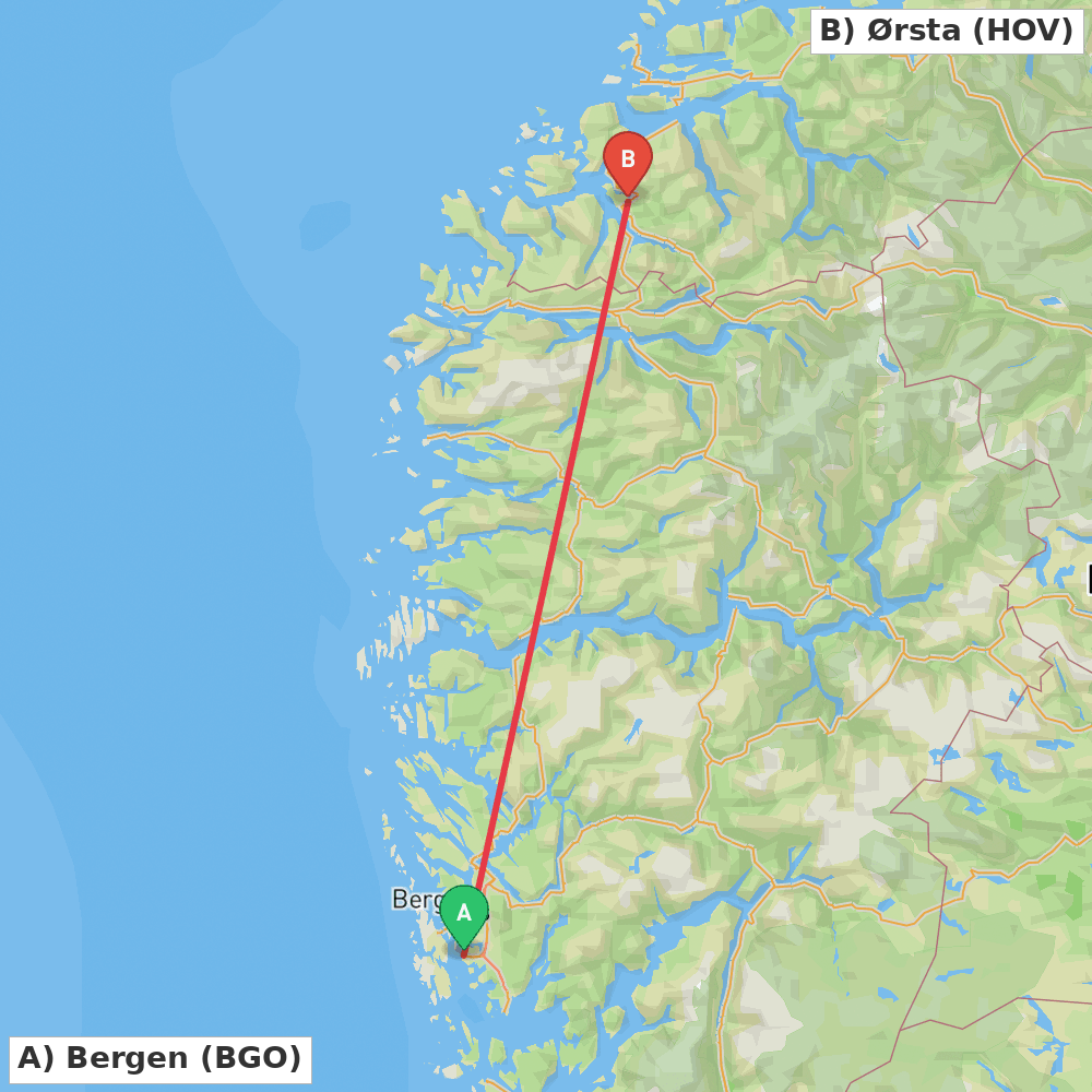 Flight route map from Bergen to Ørsta