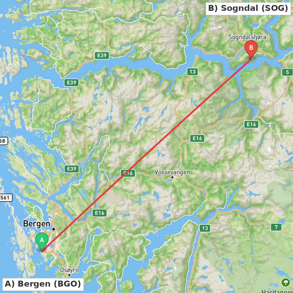 Flight route map from Bergen to Sogndal