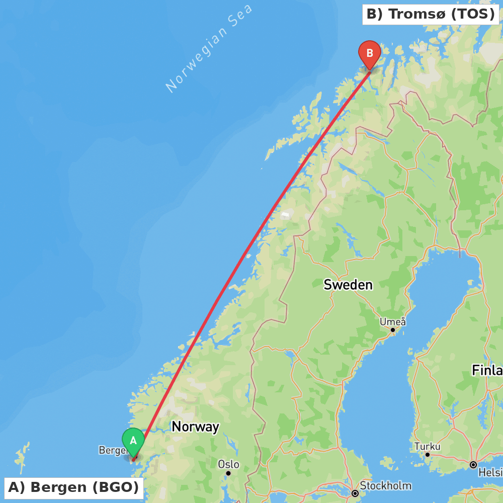 Flight route map from Bergen to Tromsø