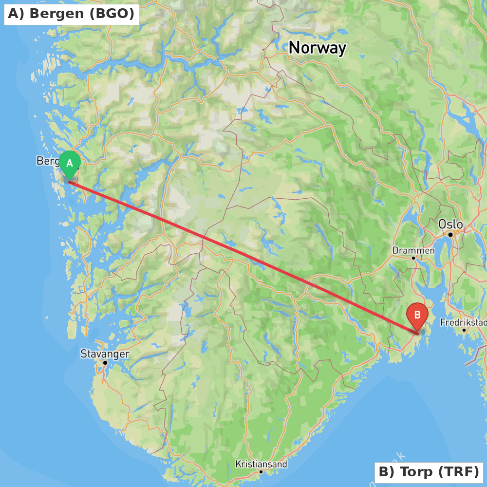 Flight route map from Bergen to Torp