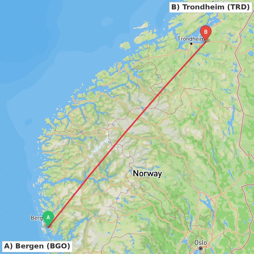 Flight route map from Bergen to Trondheim