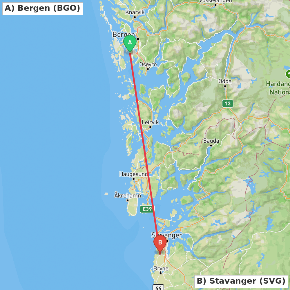 Flight route map from Bergen to Stavanger