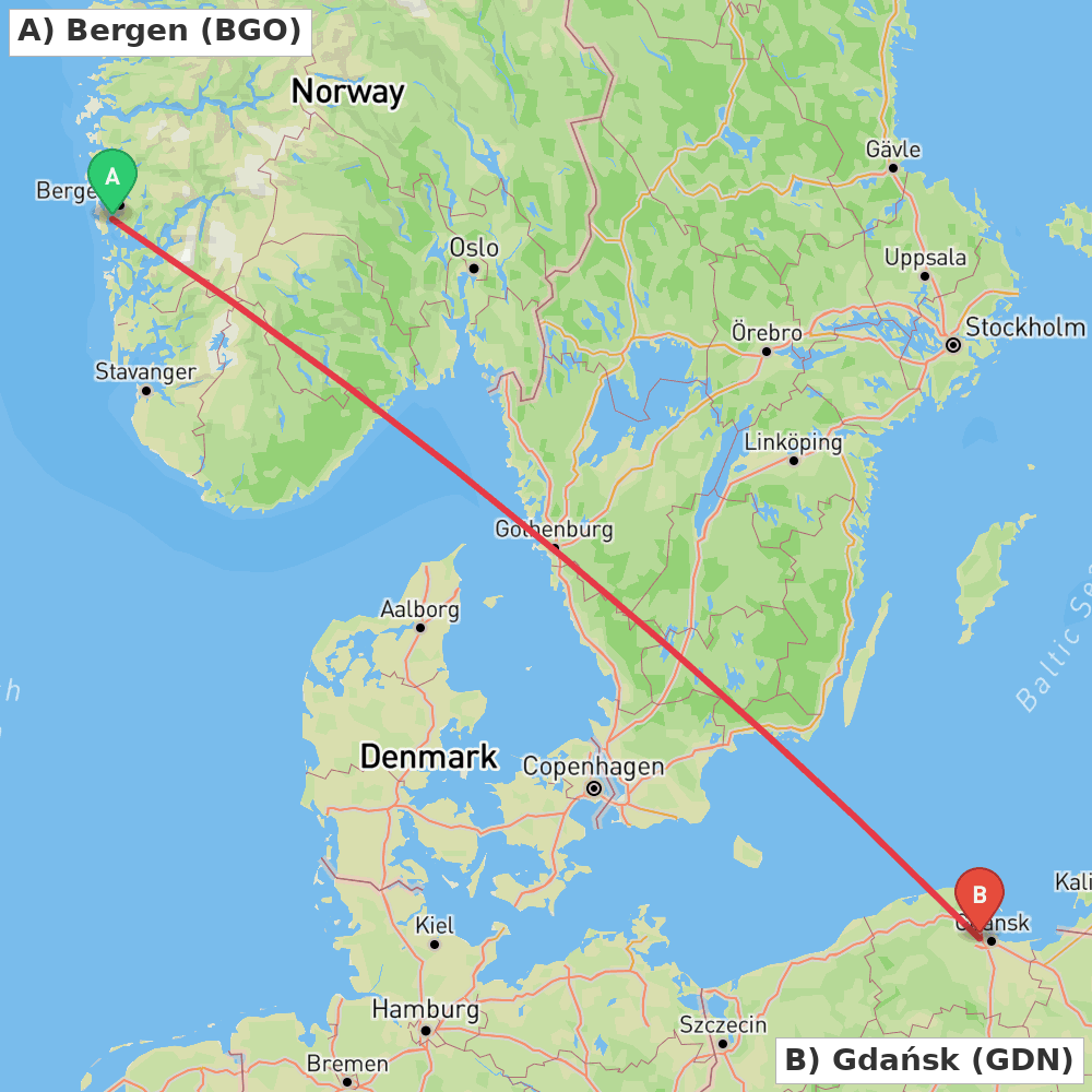 Flight route map from Bergen to Gdańsk