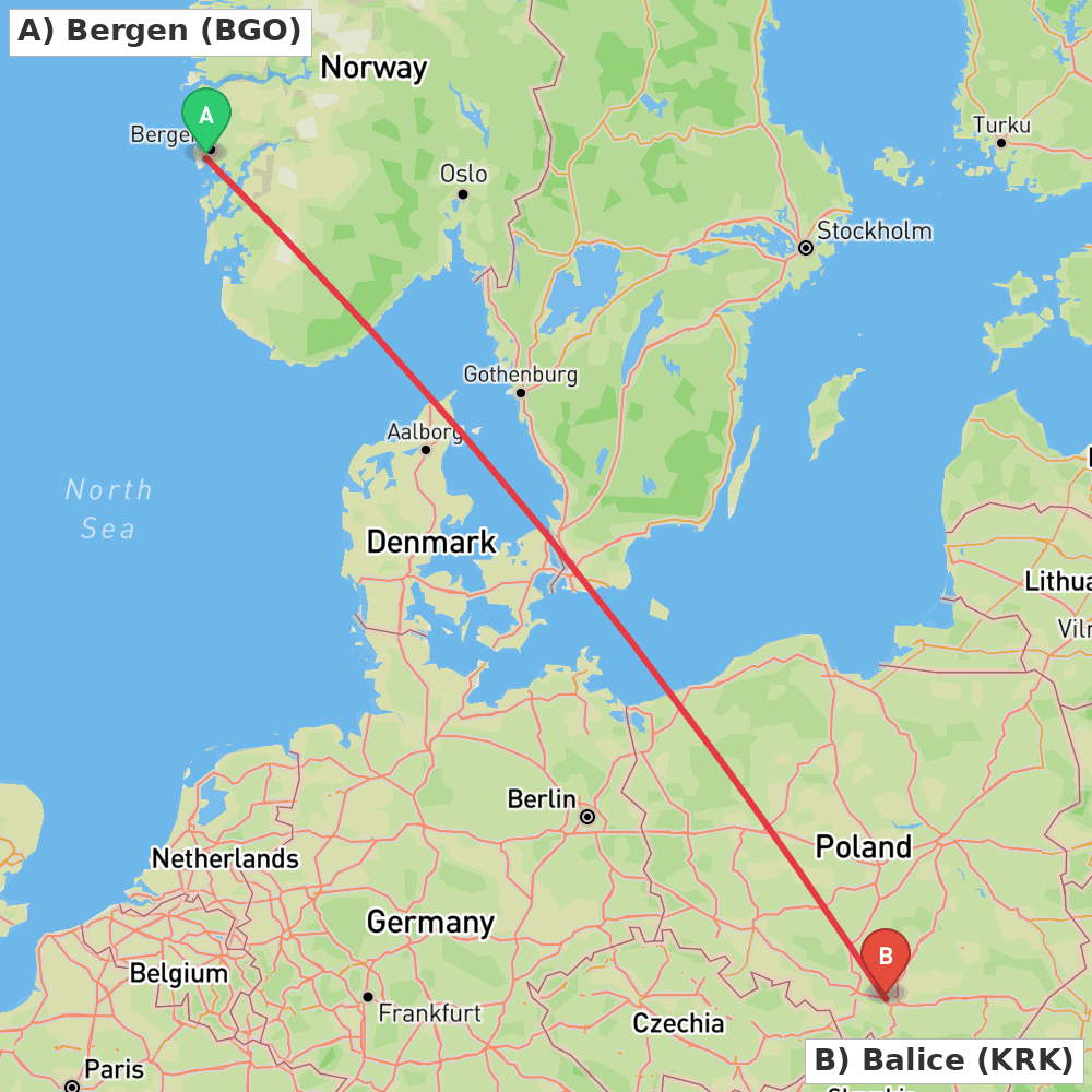 Flight route map from Bergen to Balice