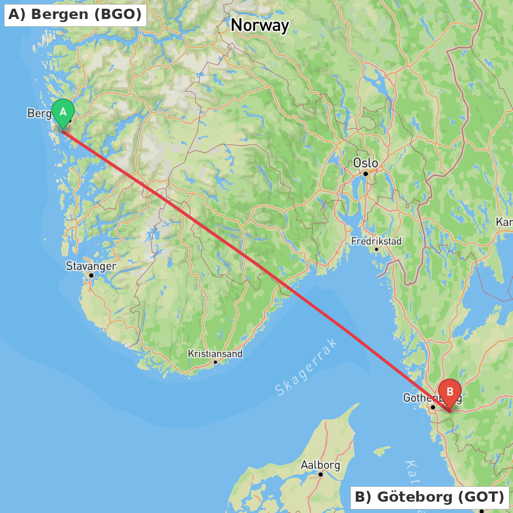 Flight route map from Bergen to Göteborg