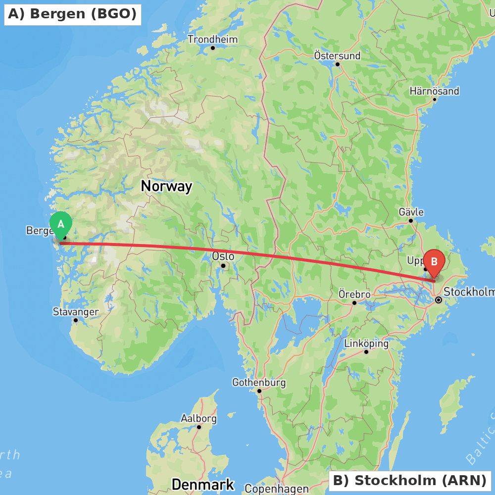 Flight route map from Bergen to Stockholm