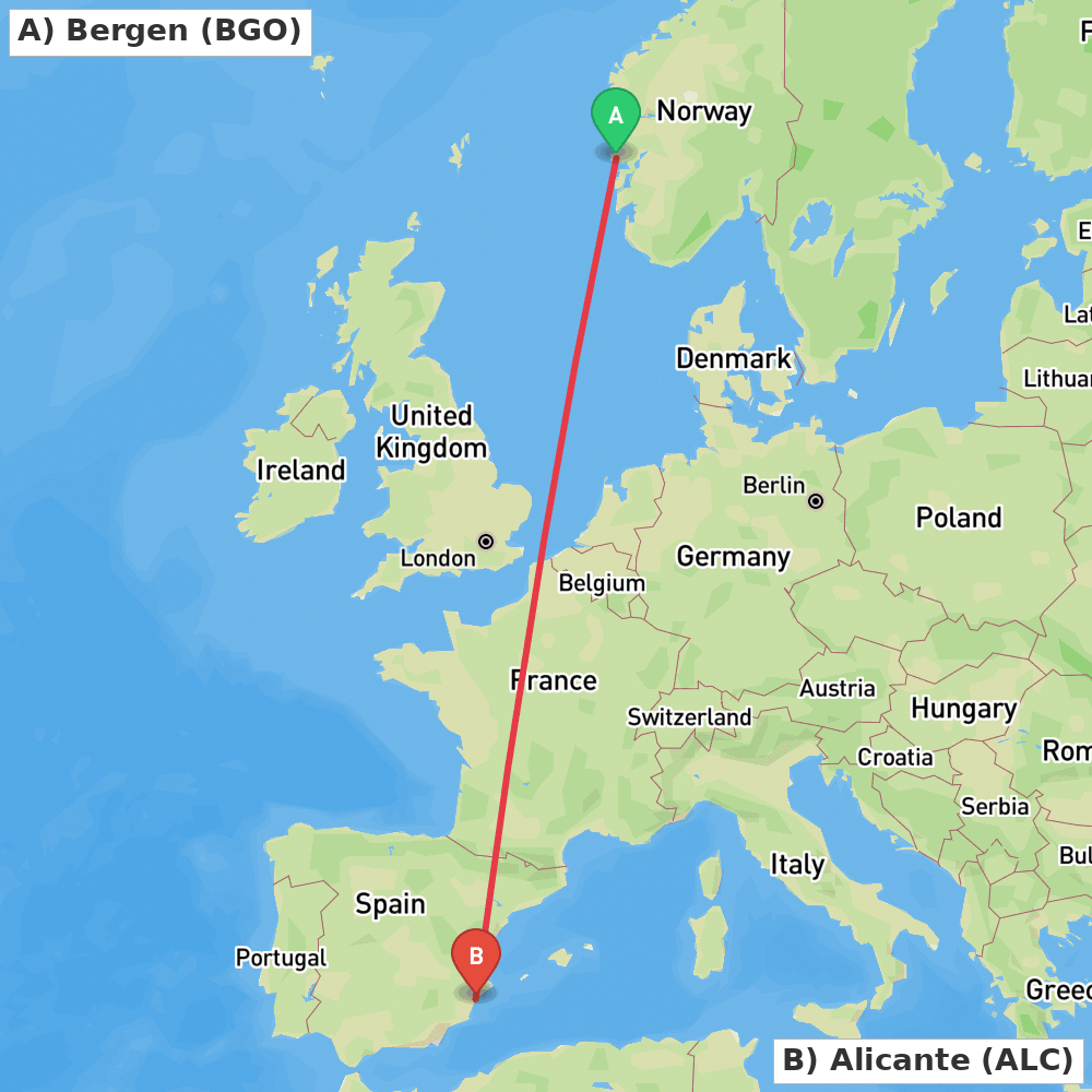 Flight route map from Bergen to Alicante