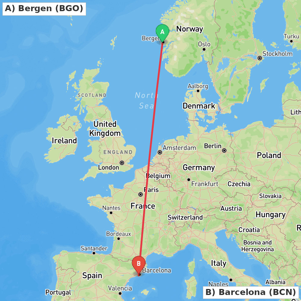 Flight route map from Bergen to Barcelona