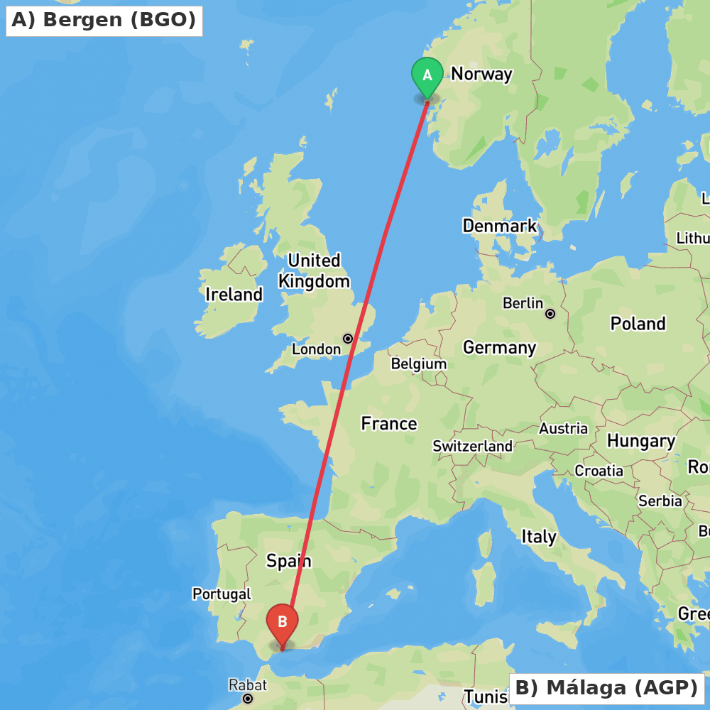 Flight route map from Bergen to Málaga
