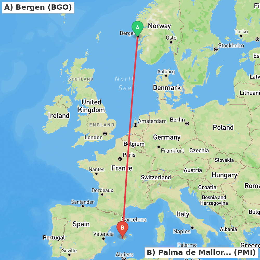 Flight route map from Bergen to Palma de Mallorca