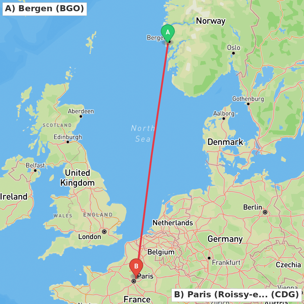 Flight route map from Bergen to Paris (Roissy-en-France, Val-d'Oise)