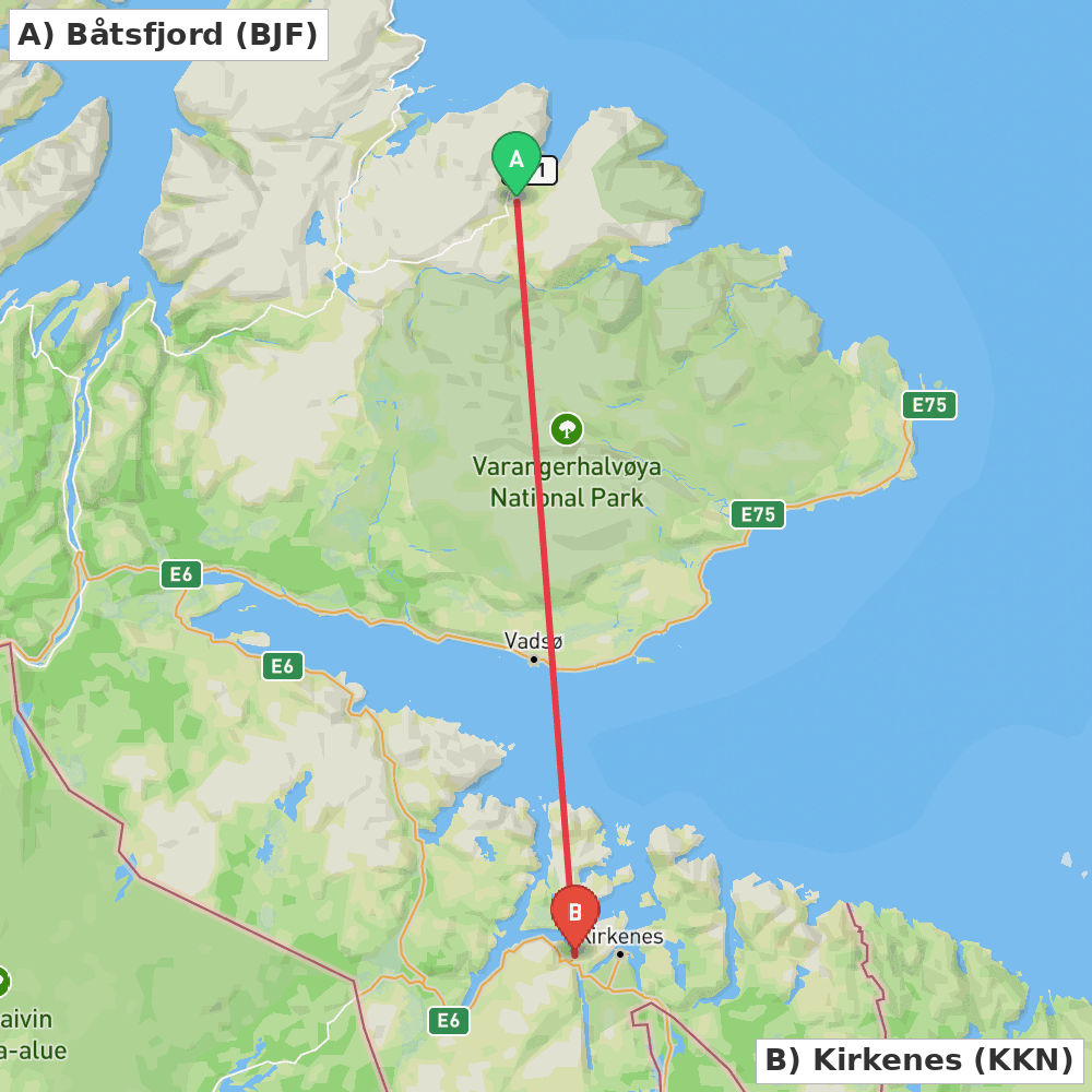 Flight route map from Båtsfjord to Kirkenes