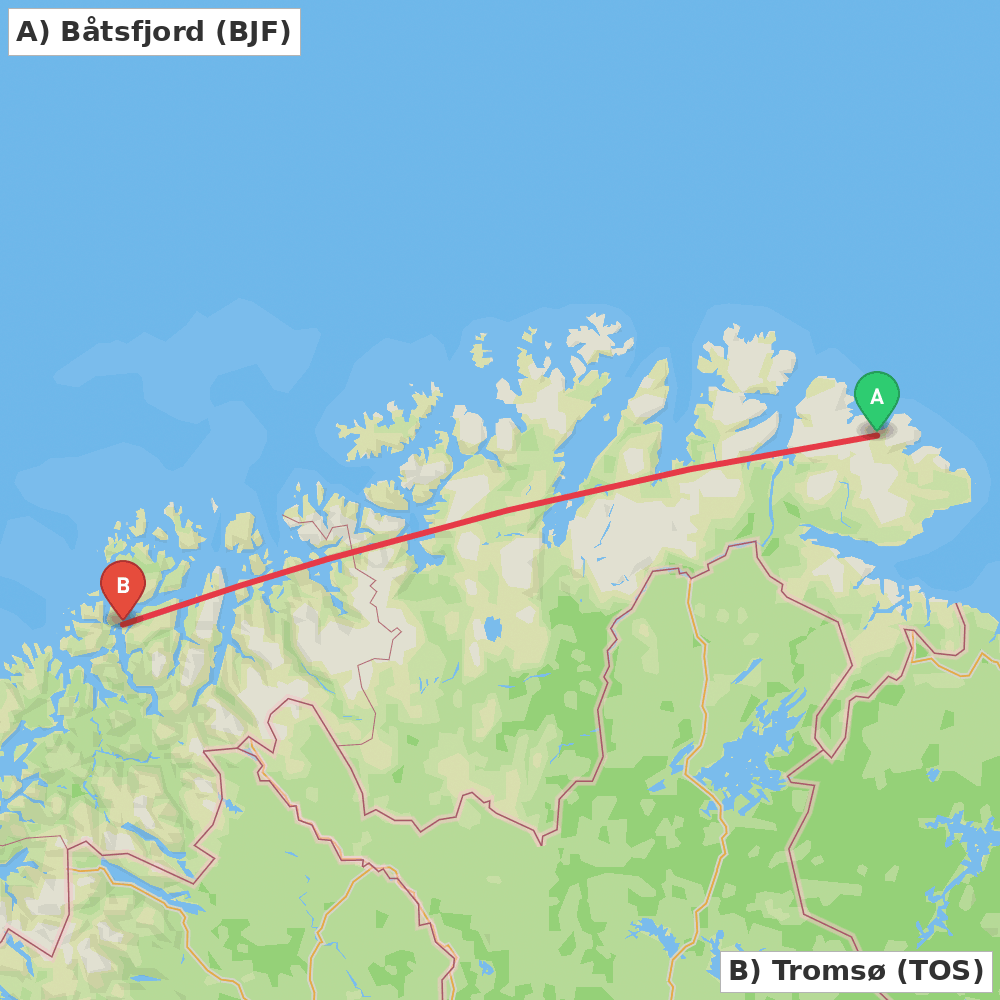 Flight route map from Båtsfjord to Tromsø