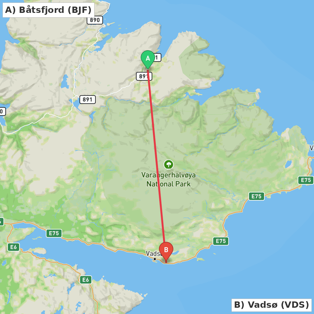 Flight route map from Båtsfjord to Vadsø