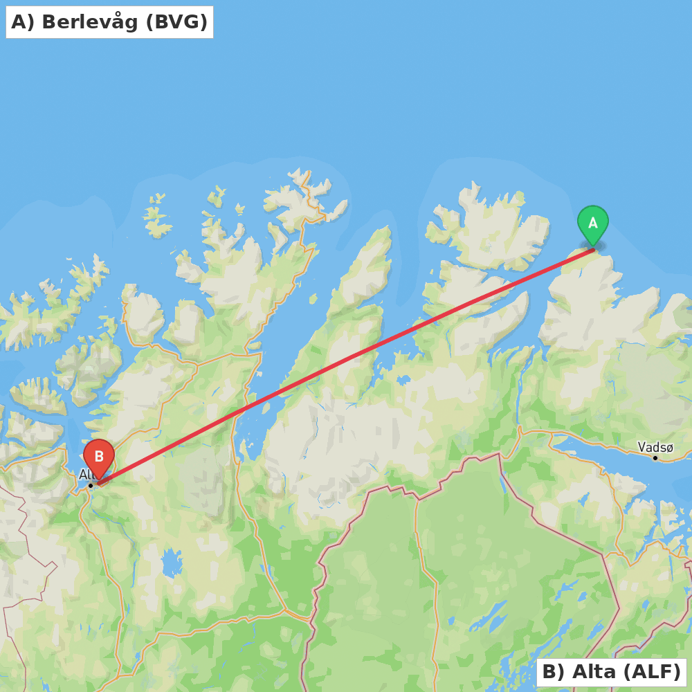 Flight route map from Berlevåg to Alta