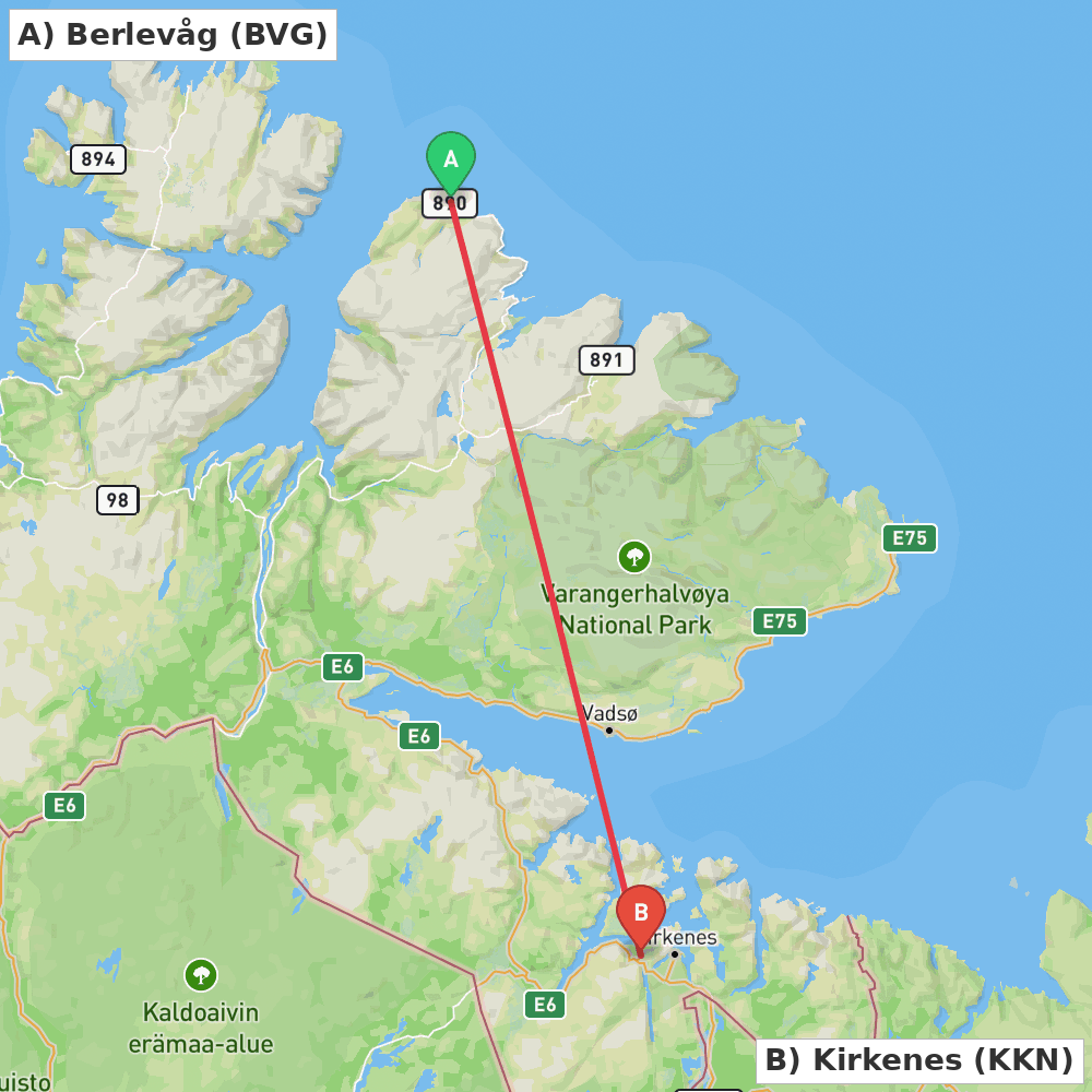 Flight route map from Berlevåg to Kirkenes