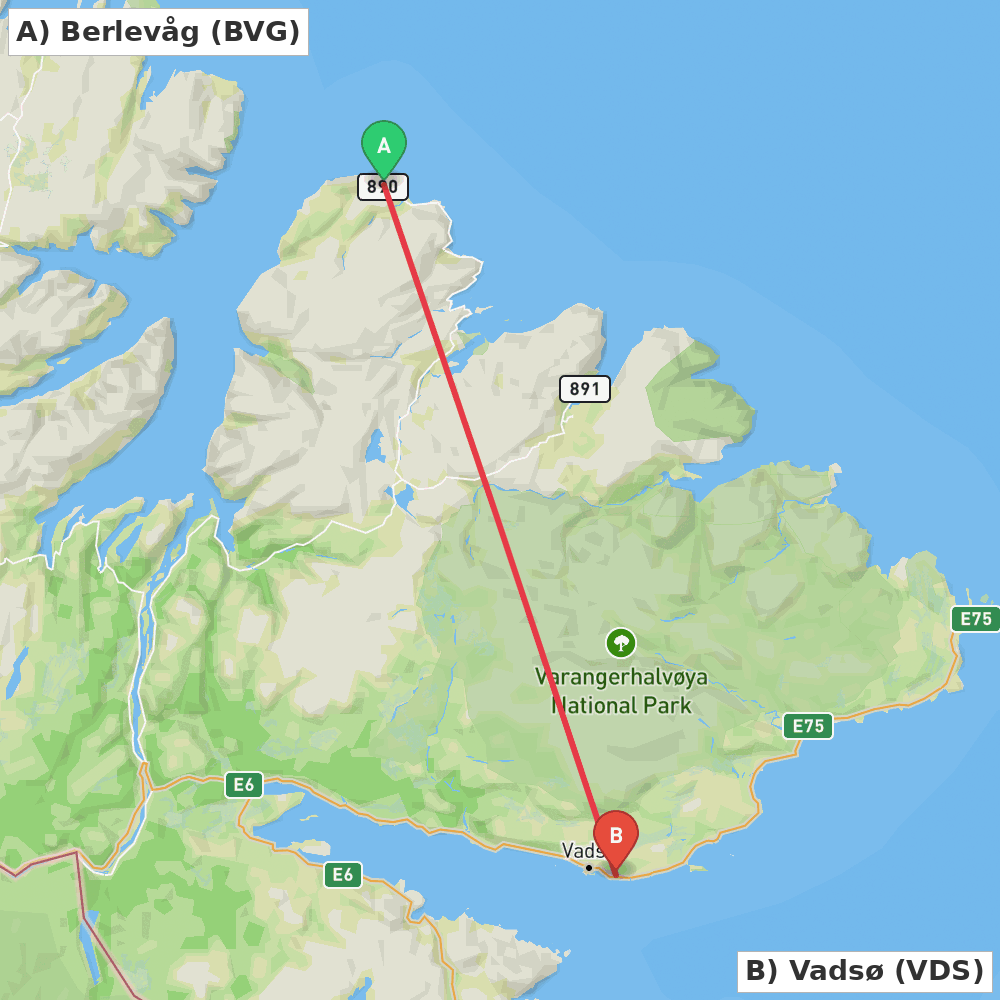 Flight route map from Berlevåg to Vadsø