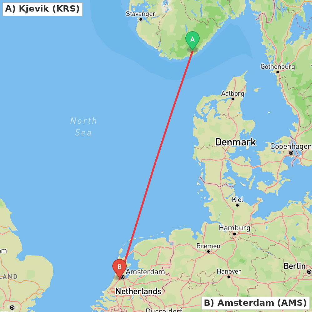 Flight route map from Kjevik to Amsterdam
