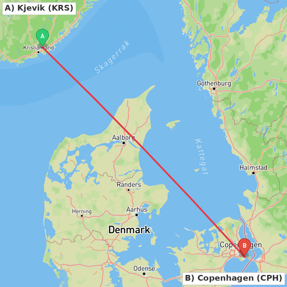Flight route map from Kjevik to Copenhagen