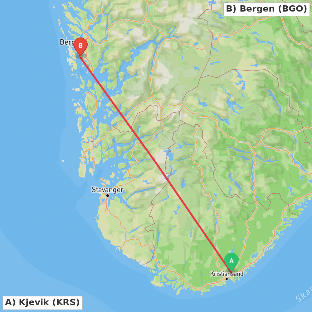 Flight route map from Kjevik to Bergen