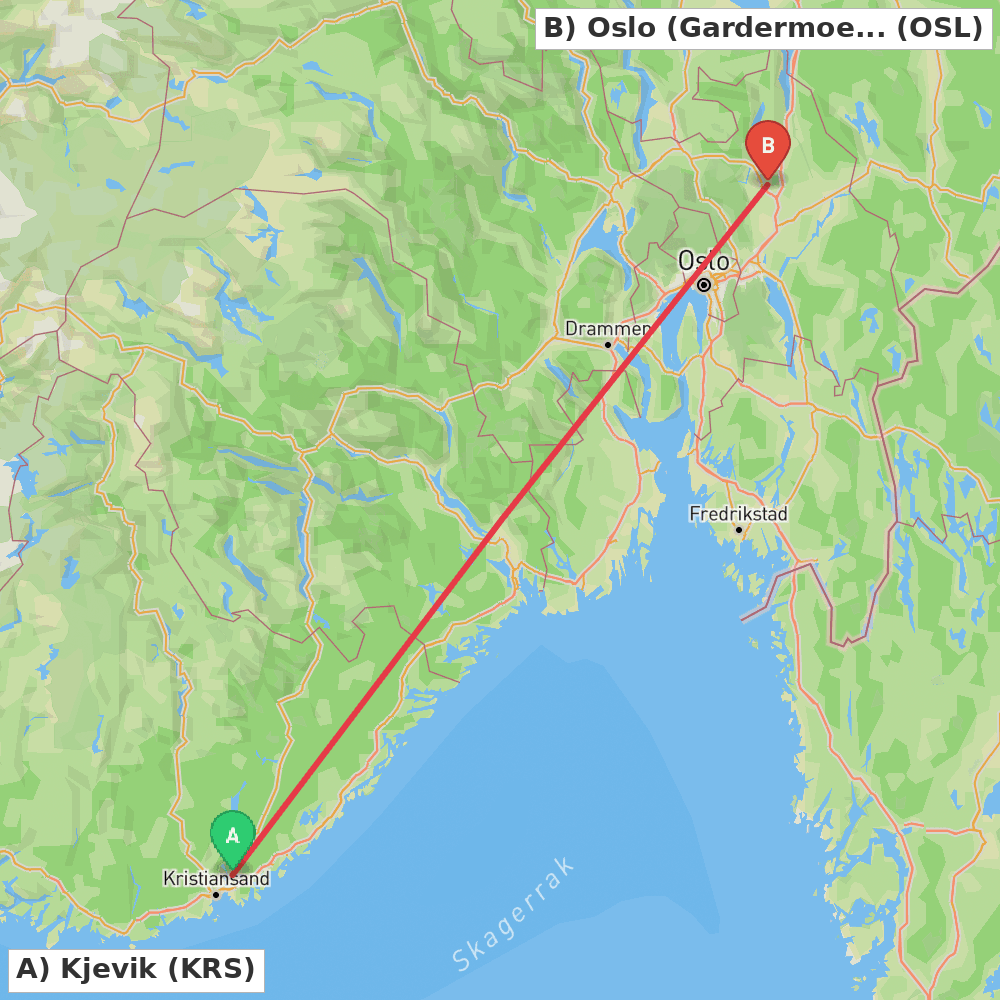 Flight route map from Kjevik to Oslo (Gardermoen)
