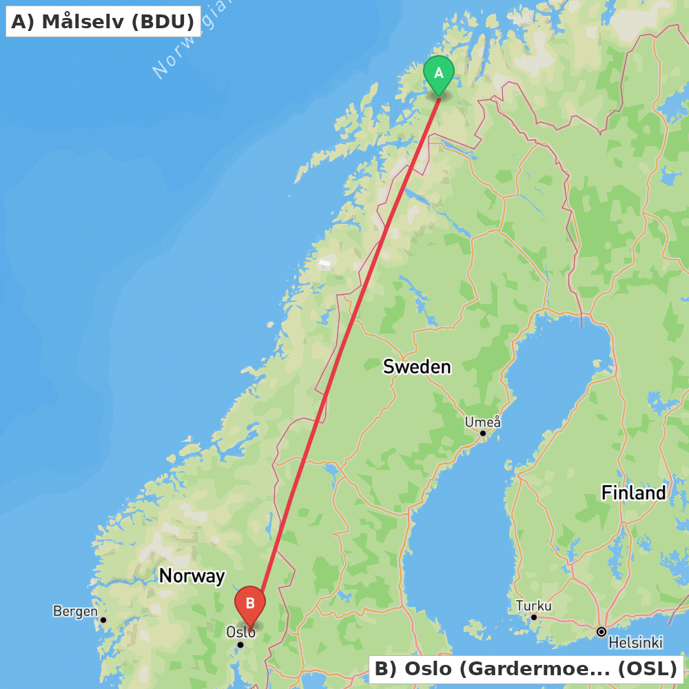 Flight route map from Målselv to Oslo (Gardermoen)