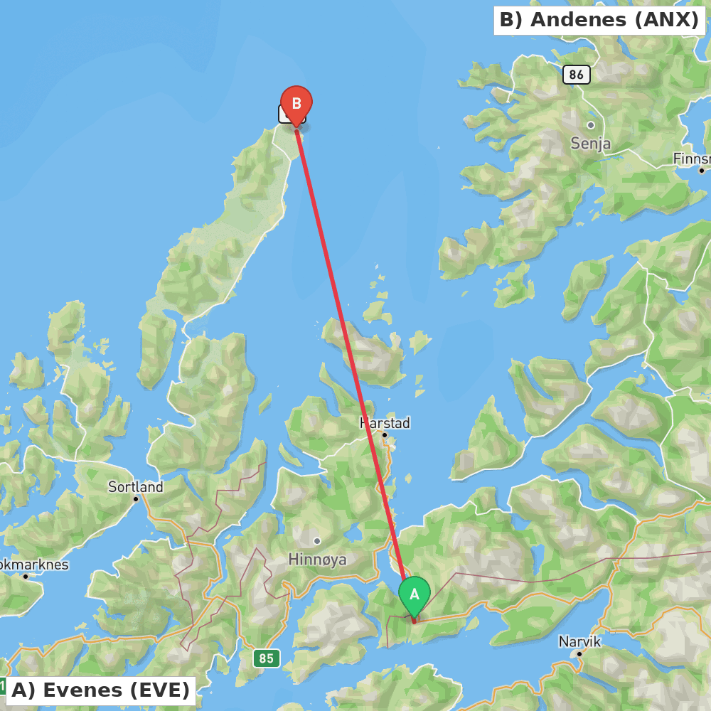 Flight route map from Evenes to Andenes