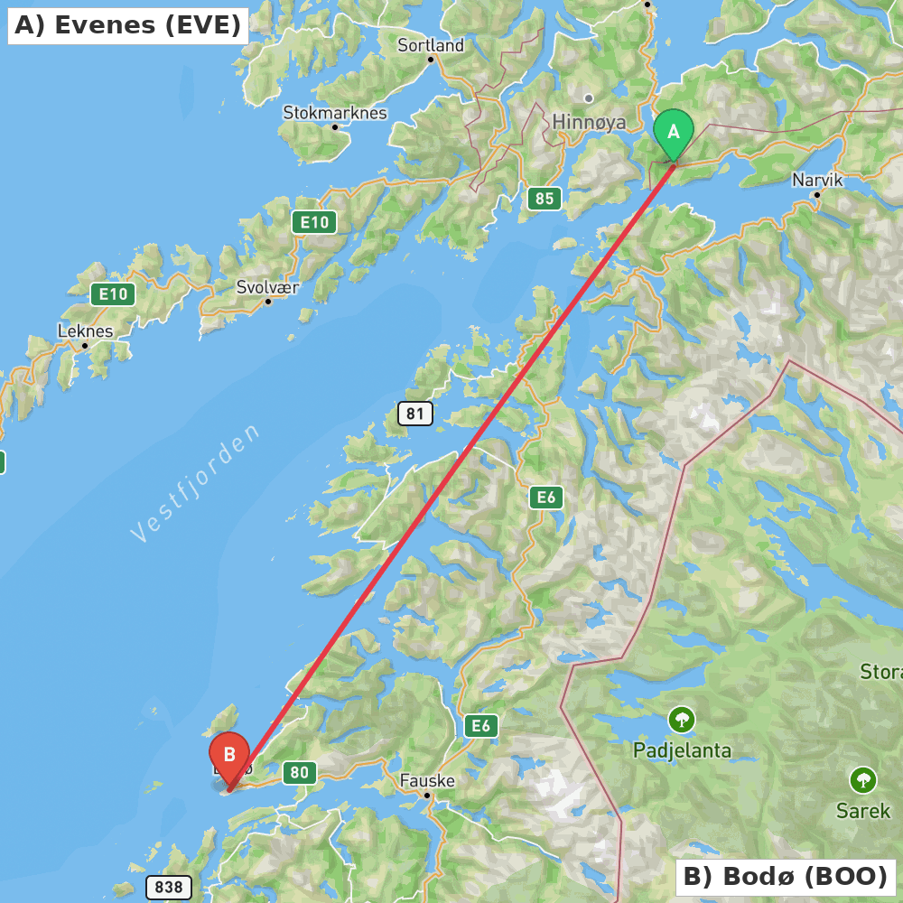 Flight route map from Evenes to Bodø
