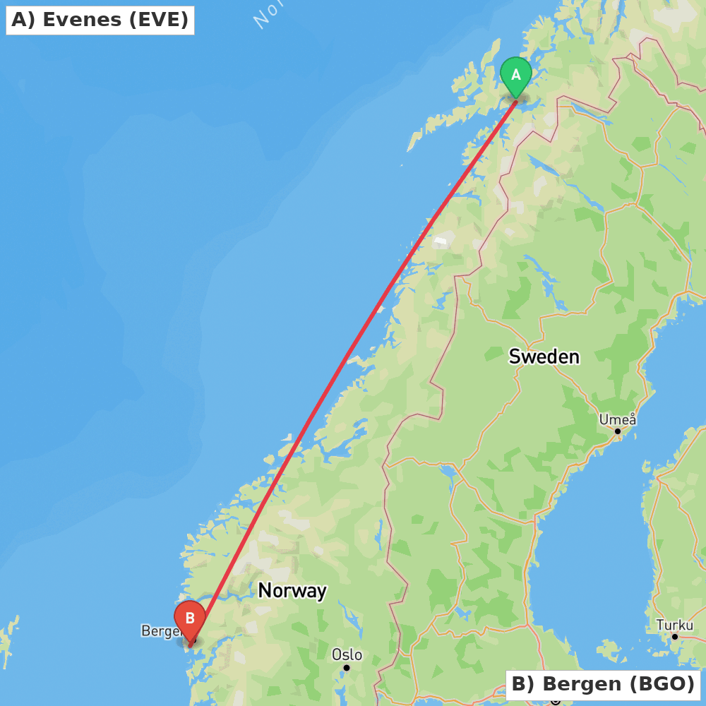 Flight route map from Evenes to Bergen