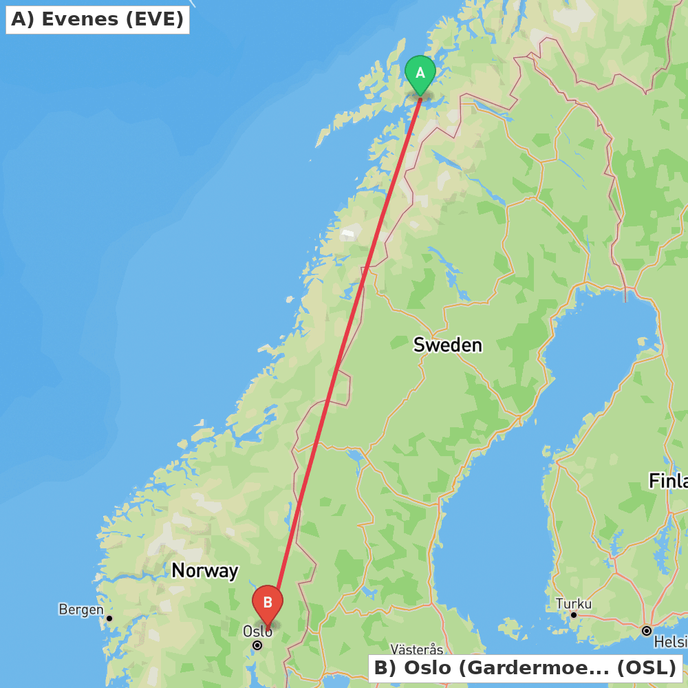 Flight route map from Evenes to Oslo (Gardermoen)