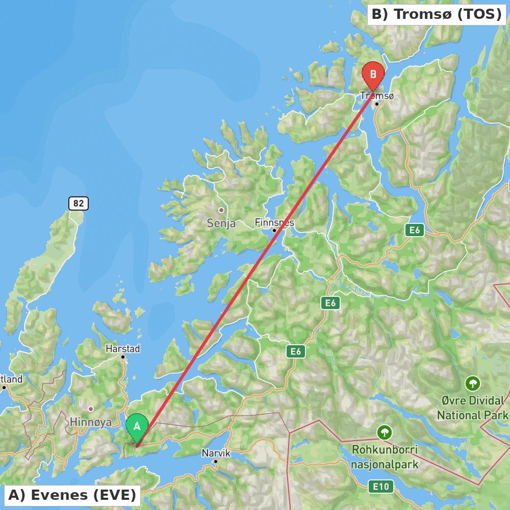 Flight route map from Evenes to Tromsø