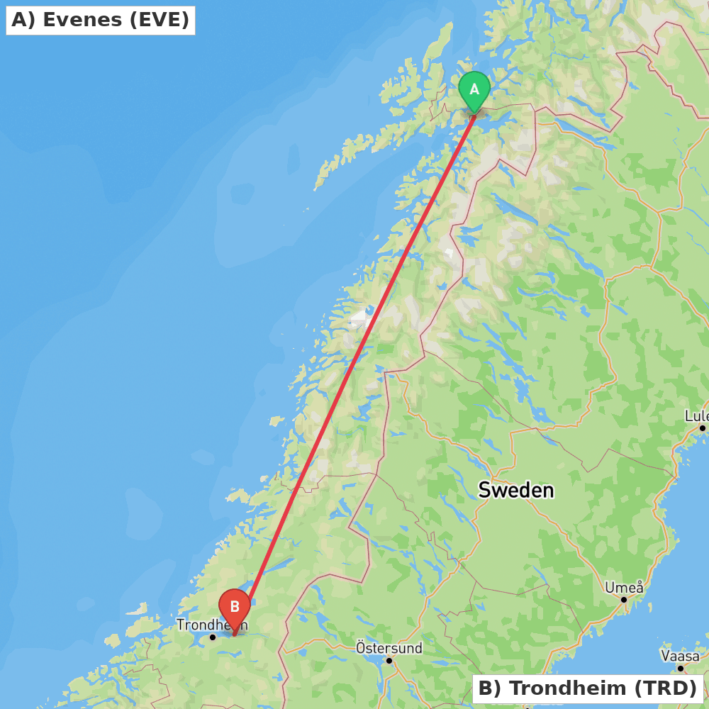 Flight route map from Evenes to Trondheim