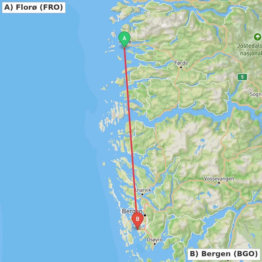 Flight route map from Florø to Bergen