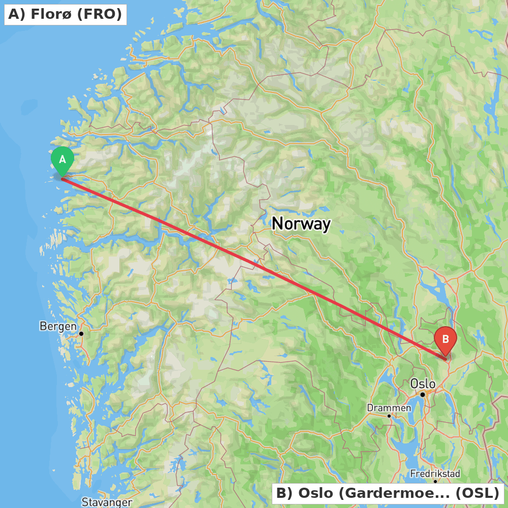 Flight route map from Florø to Oslo (Gardermoen)
