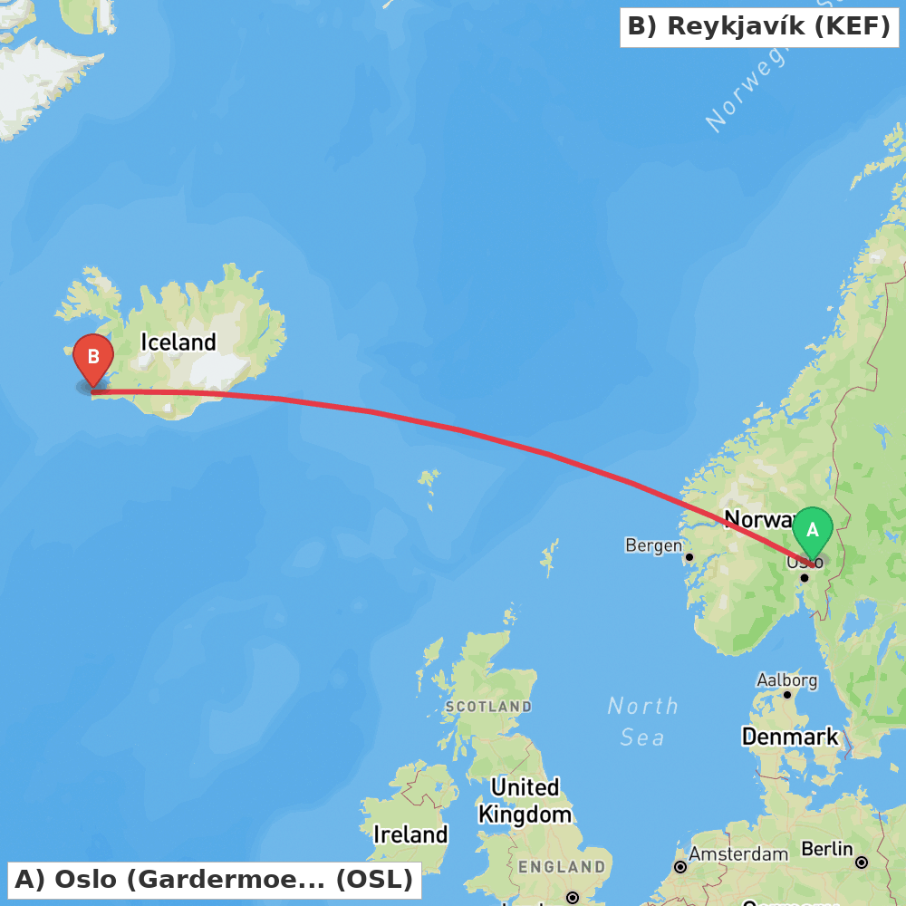 Flight route map from Oslo (Gardermoen) to Reykjavík
