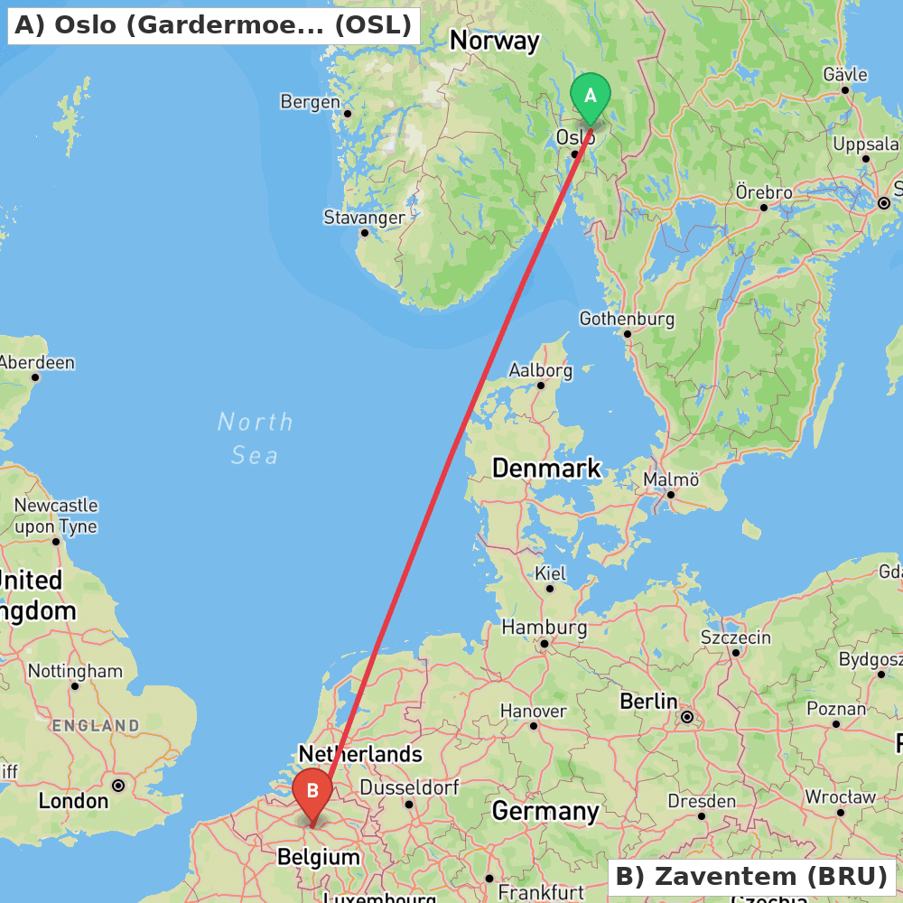 Flight route map from Oslo (Gardermoen) to Zaventem